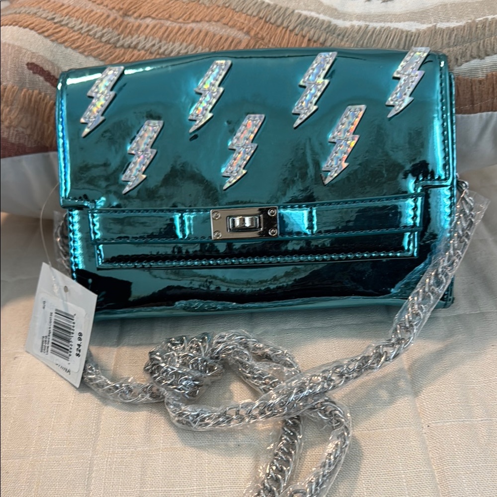 Metallic Teal Crossbody Bag with Lightning Bolt Accents